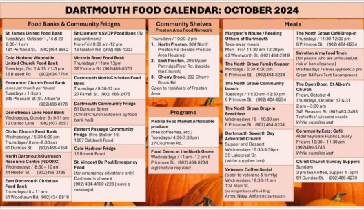 A list of food programs and community shelves in the Dartmouth area. Fall scene with pumpkins and harvest images in the background.