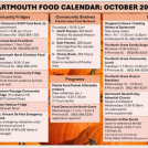 A list of food programs and community shelves in the Dartmouth area. Fall scene with pumpkins and harvest images in the background.