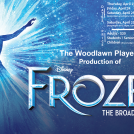 A princess with an outstretched arm, dressed in white, on an icy-blue background and QR code in top-right corner. Text is advertising Woodlawn High's production of Disney's Frozen: The Broadway Musical.